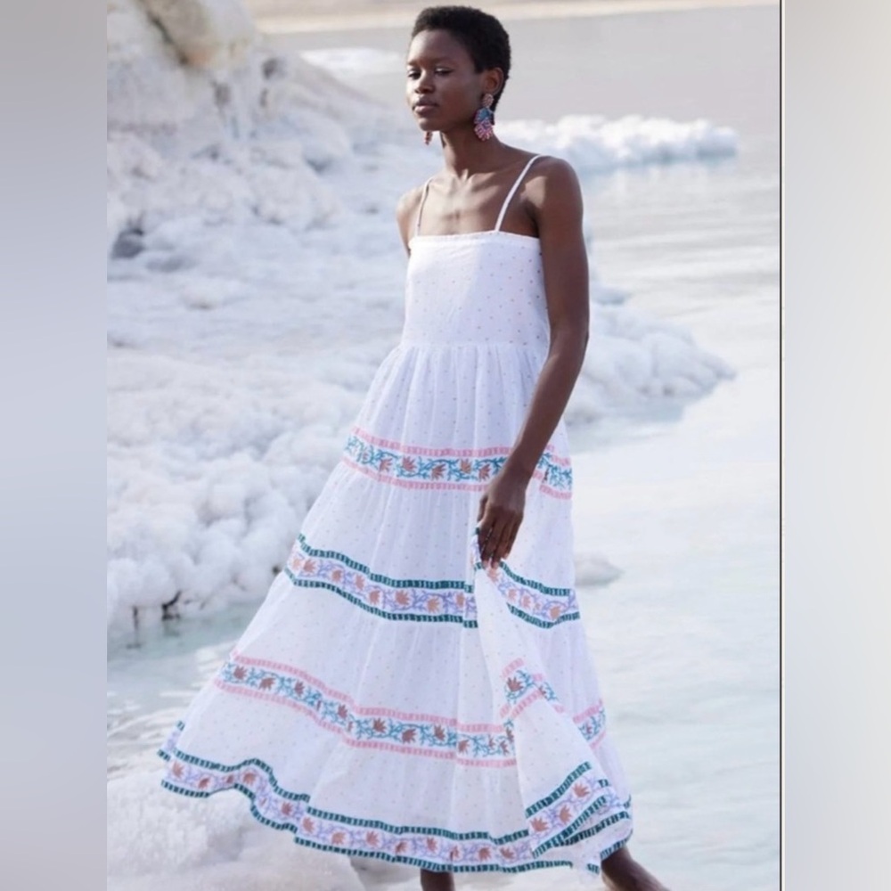 NEW Oliphant Smocked Back Jamali White Tiered Festival Cami Strap Dress Size S